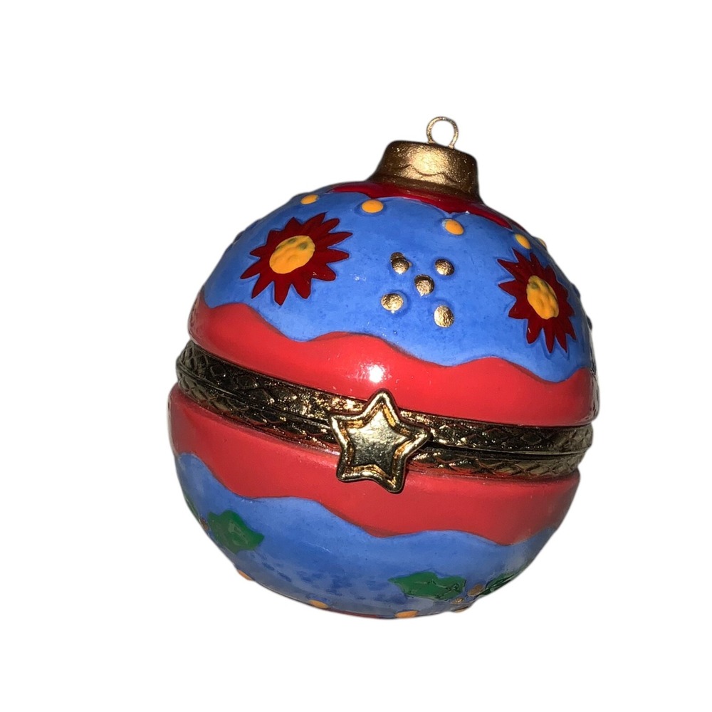 Enameled Metal Porcelain Small Vintage Christmas Ornament Trinket Box Red Gold